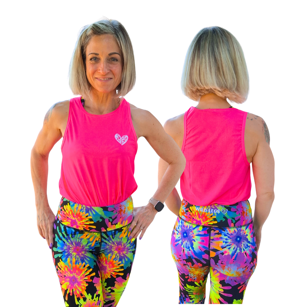 Woman wearing a pink tank top and tie-dye leggings, shown from front and back.