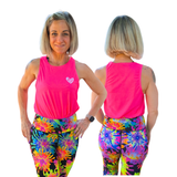 Woman wearing a pink tank top and tie-dye leggings, shown from front and back.