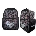Leopard print backpack with 'Wild Legs' logo on a white background