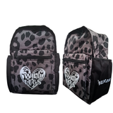 Leopard print backpack with 'Wild Legs' logo on a white background