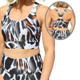 Animal print sports bra in black and white shown from the front and back
