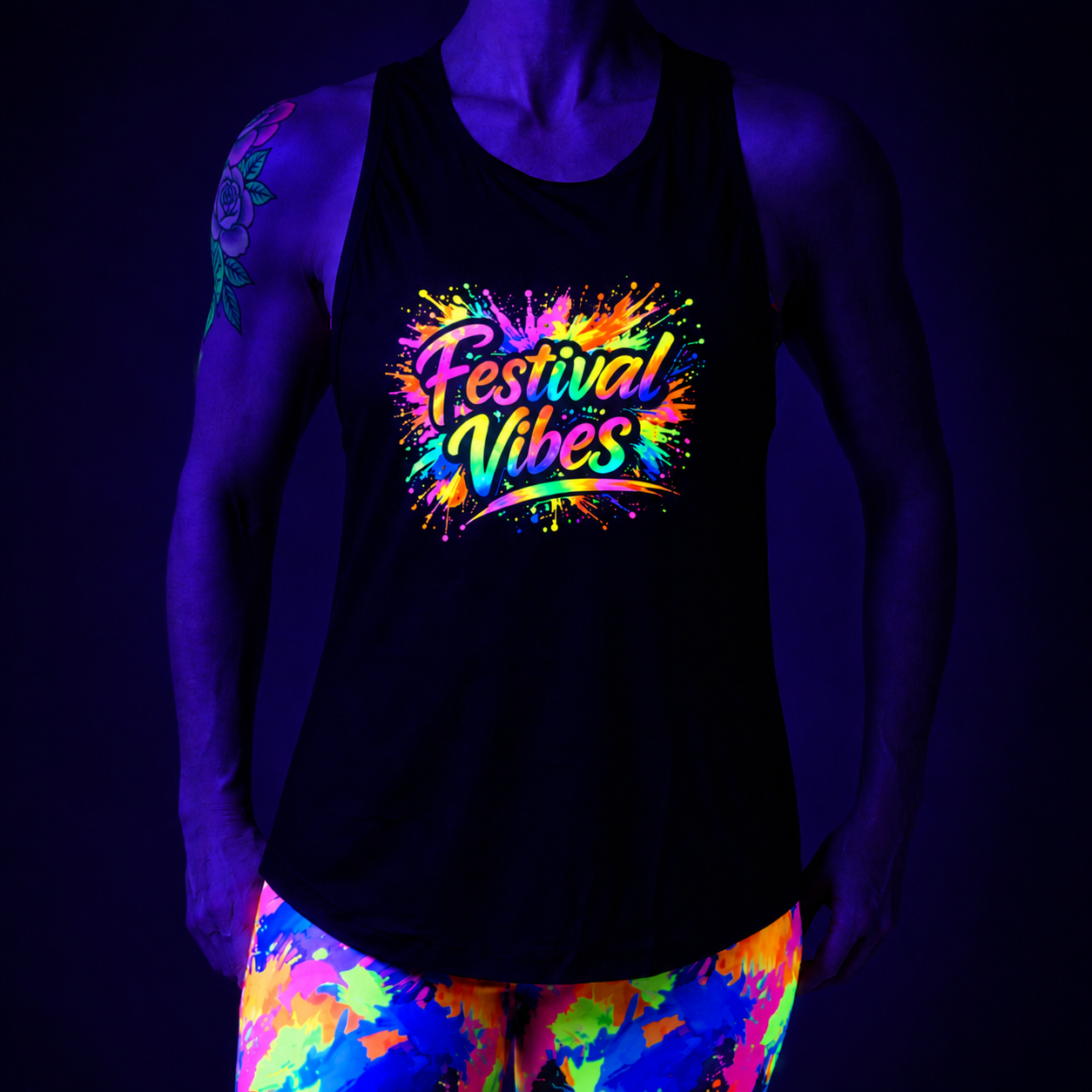 Person wearing a black tank top with 'Festival Vibes' in colorful letters and matching pants under ultraviolet light.
