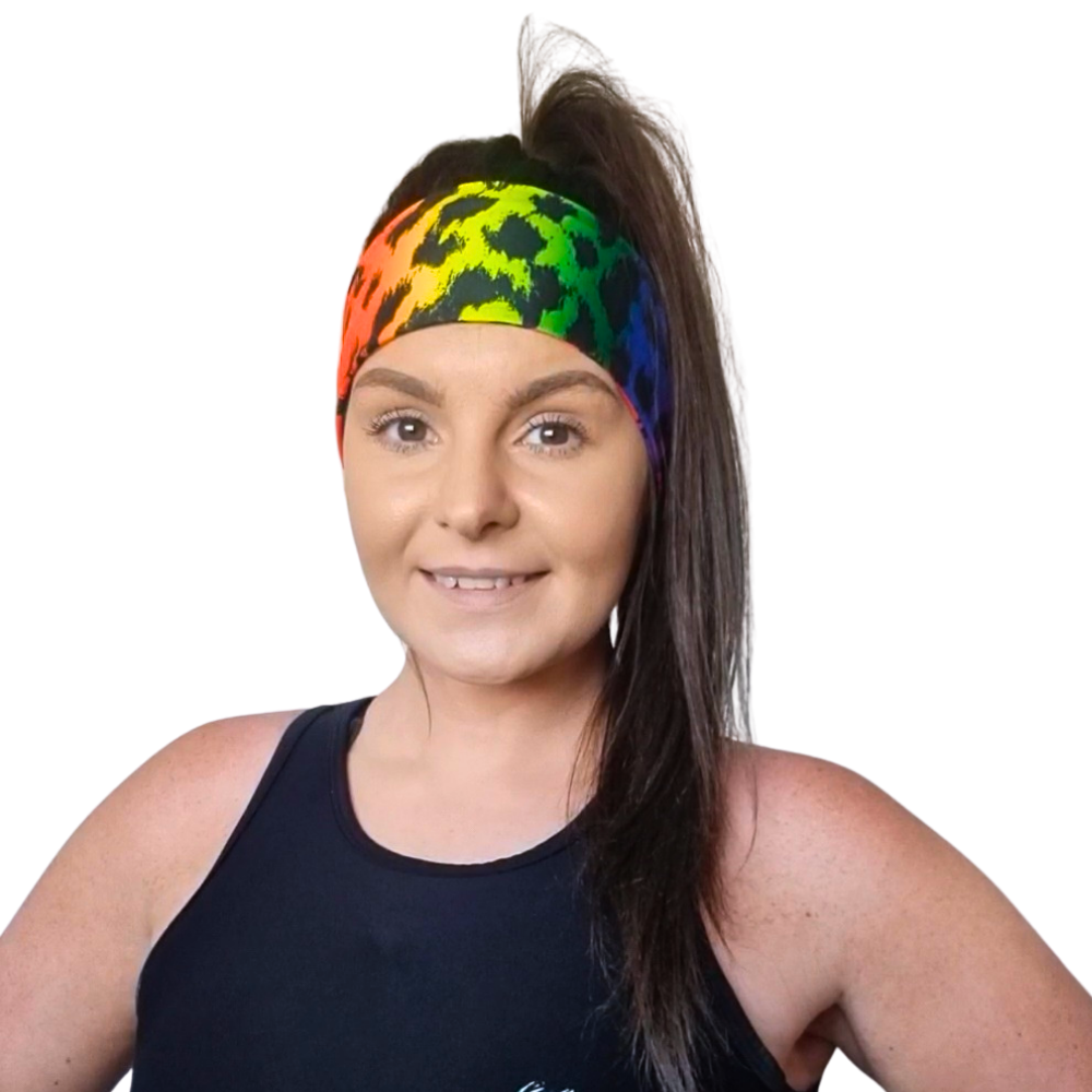 Woman wearing a colorful headband on a white background