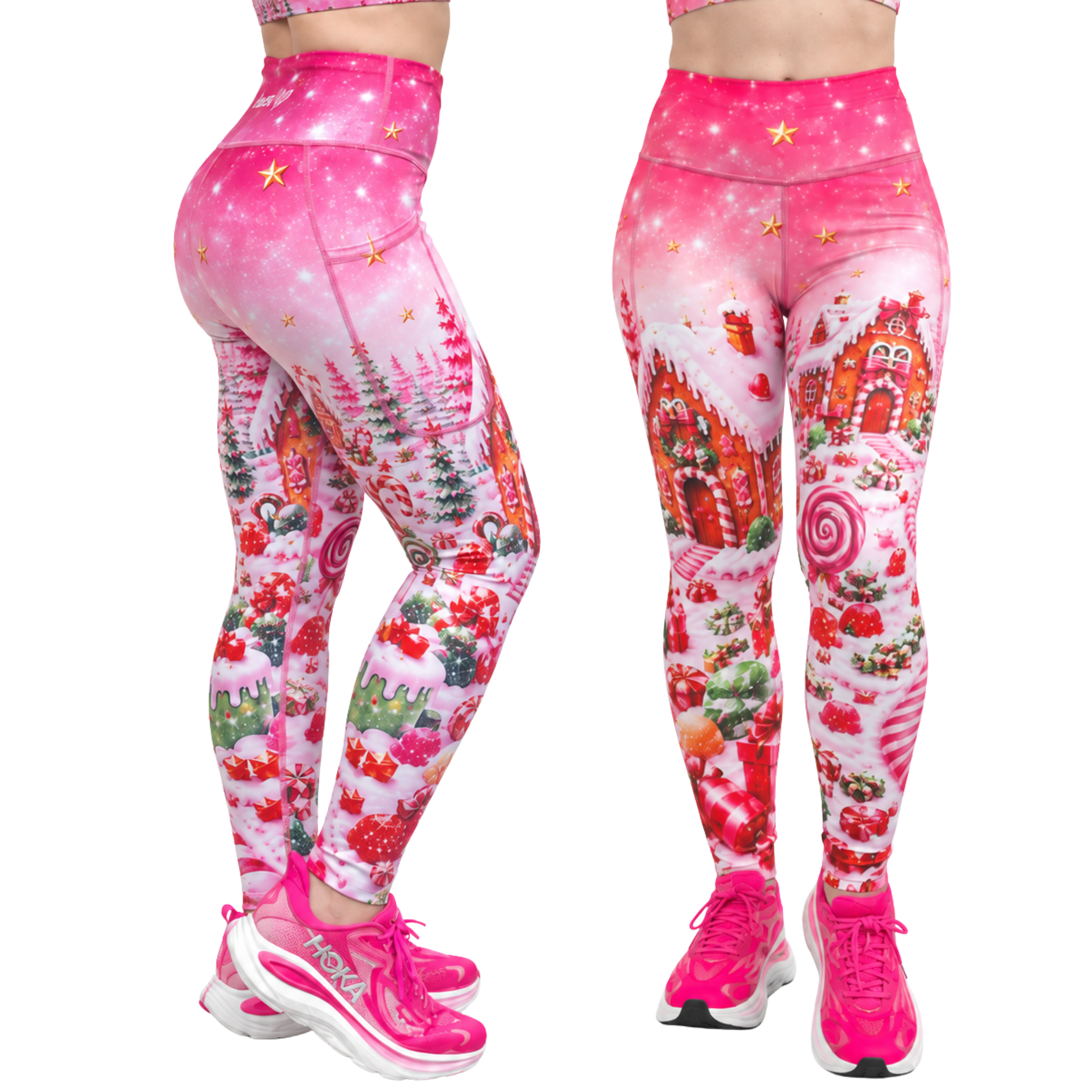 Pink Christmas-themed leggings shown from the back and front on a model, featuring a candy cane, gingerbread house, and candy print, paired with pink shoes