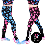 Colorful patterned leggings with 'PomFit' branding on a white background