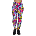 Colorful patterned leggings worn by a person on a white background