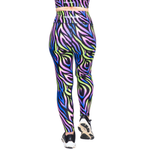 Colorful zebra-patterned leggings with a brand logo on a white background