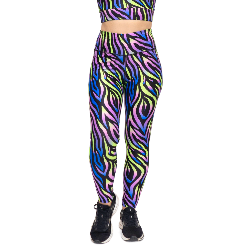 Colorful zebra print leggings with a white background
