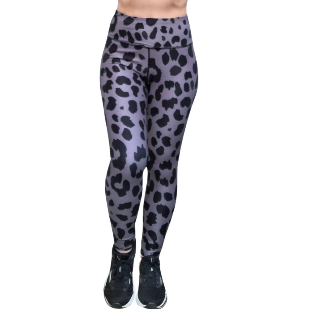 Gray and Black leopard print leggings on a white background