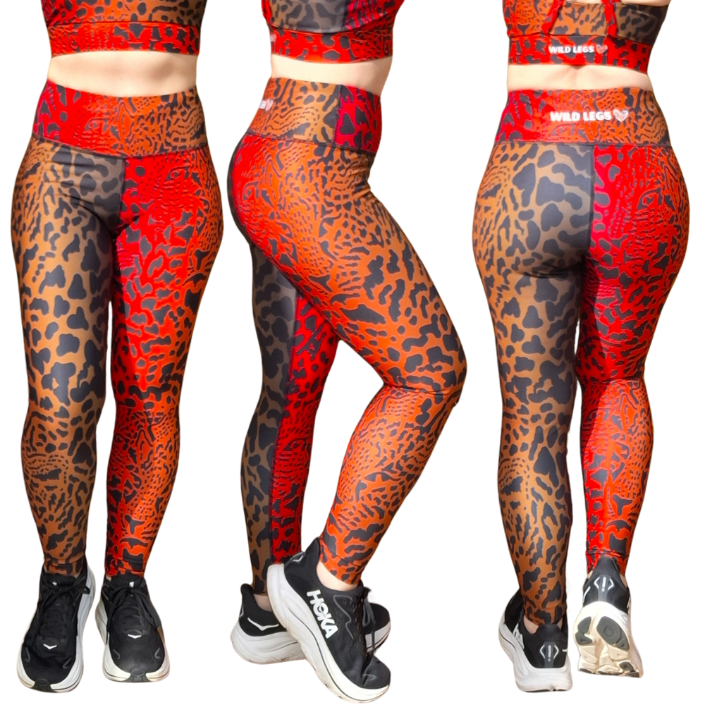 Three pairs of leggings with a red and brown pattern worn by models on a white background.