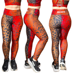 Three pairs of leggings with a red and brown pattern worn by models on a white background.