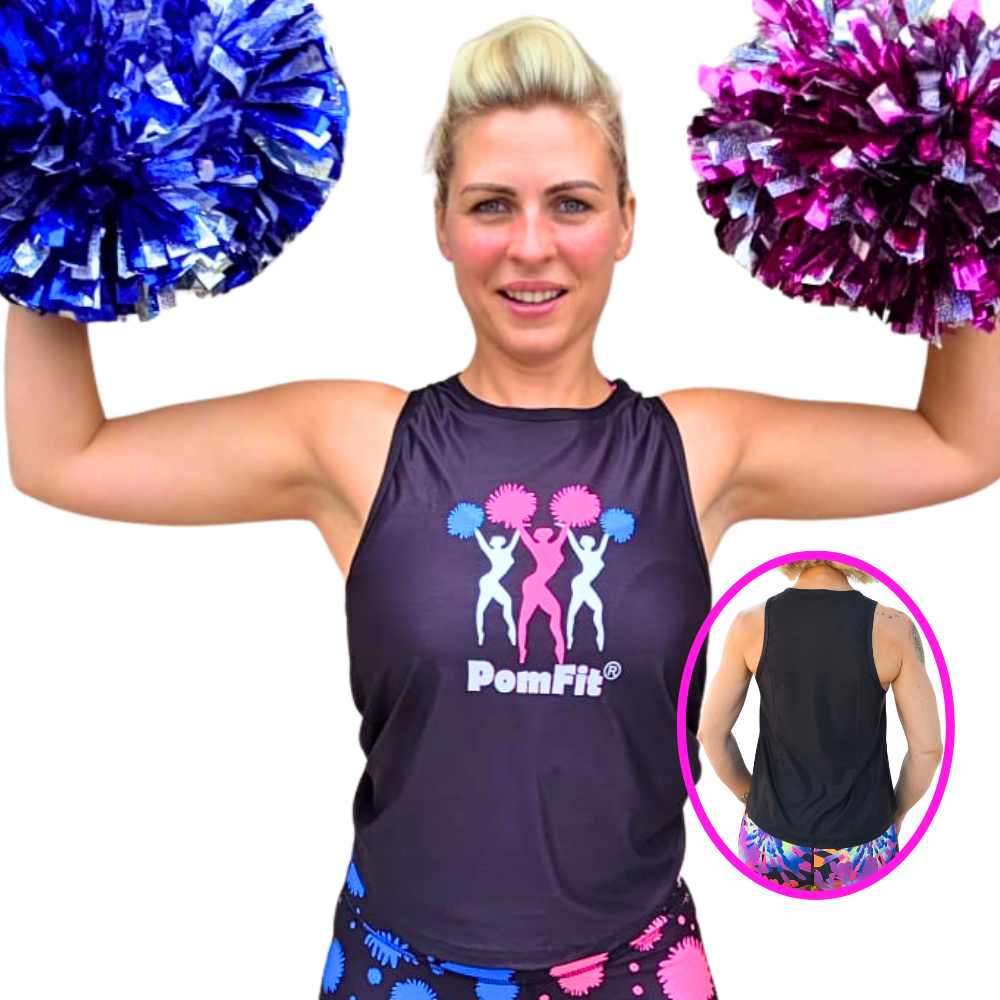 Woman wearing a 'PomFit' tank top with pom-poms on a white background