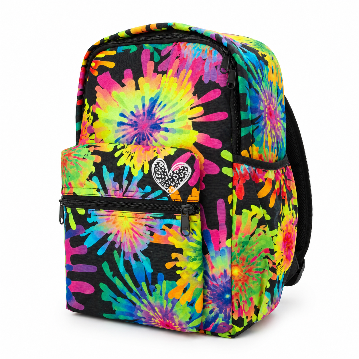 Colorful tie-dye backpack with a heart design on a white background
