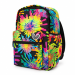 Colorful tie-dye backpack with a heart design on a white background