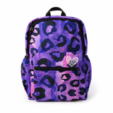 Purple leopard print backpack with a heart-shaped tag on a white background