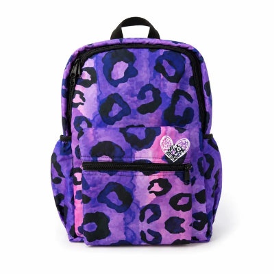 Purple leopard print backpack with a heart-shaped tag on a white background