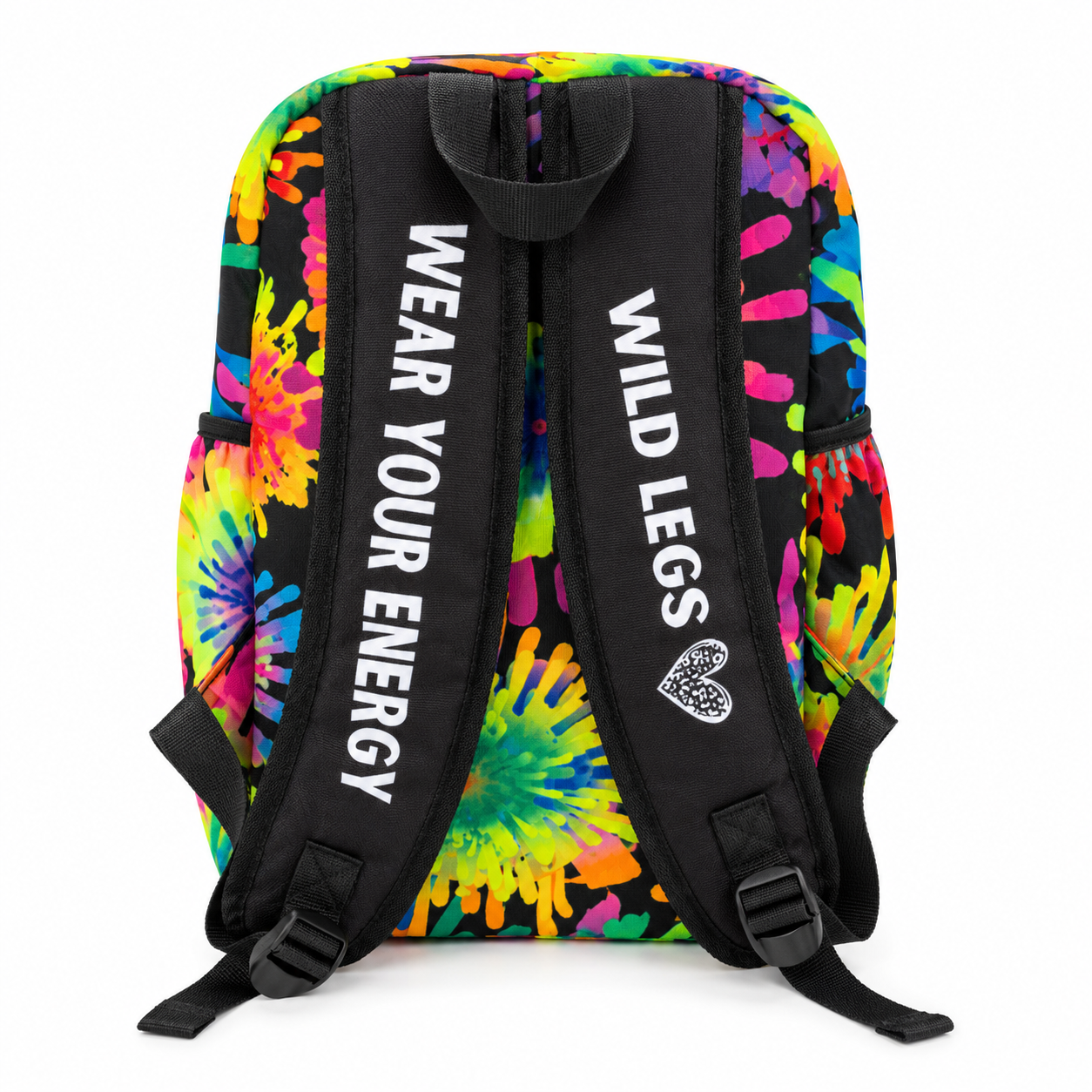 Colorful tie-dye backpack with 'Wear Your Energy' and 'Wild Legs' text on a white background