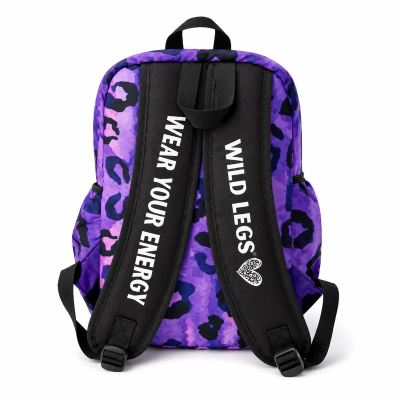 Purple backpack with black leopard print pattern and 'Wild Legs' branding on a white background
