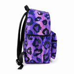 Purple backpack with black leopard print pattern on a white background