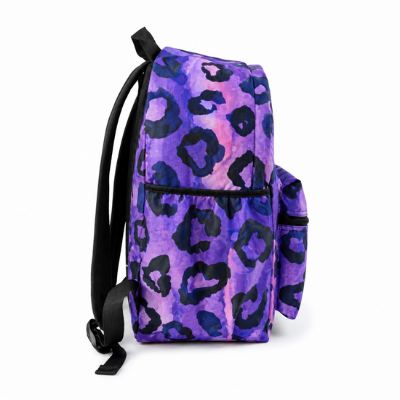 Purple backpack with black leopard print pattern on a white background
