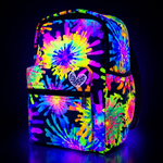 Colorful tie-dye backpack with a heart design on a dark background