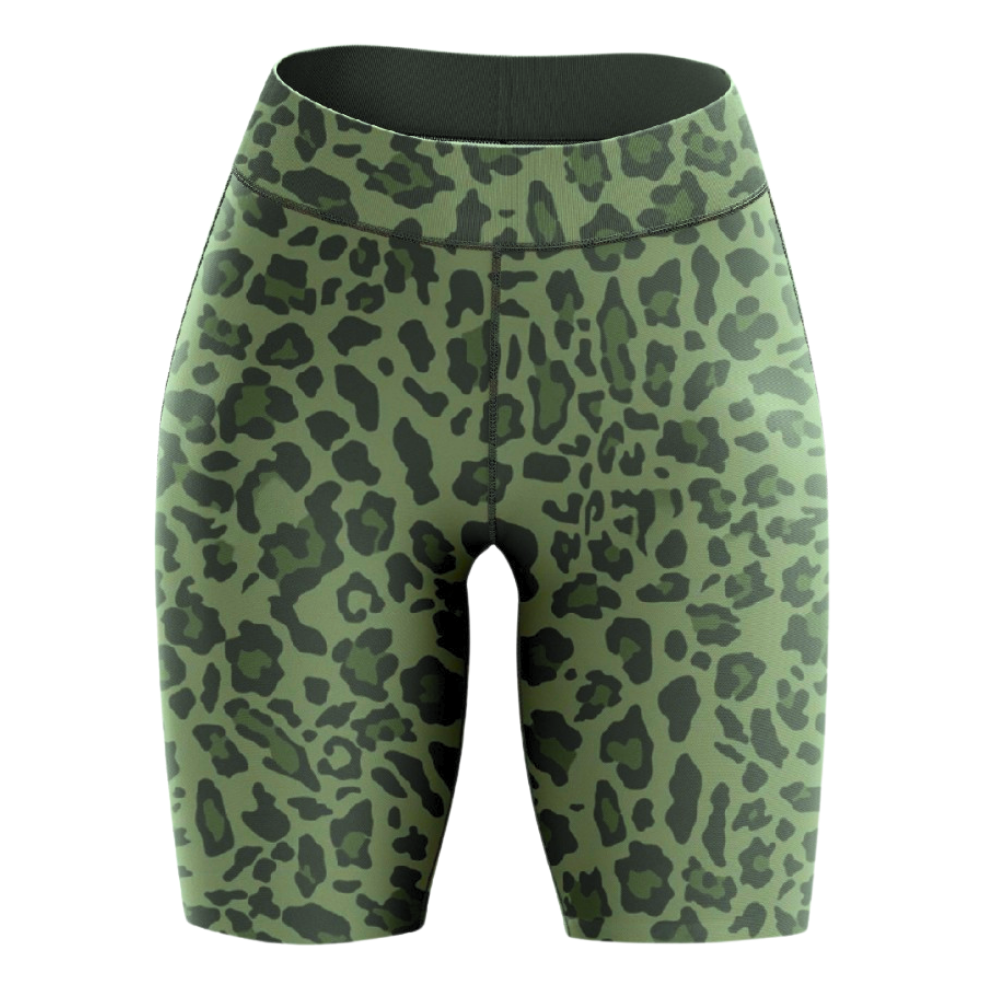 Khaki leopard print fitness shorts on a white background