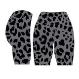 Gray leggings with black leopard print pattern on a white background