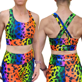 woman wearing multi-coloured animal print sports bra showing front and back view