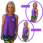 Woman wearing a purple tank top and colorful leggings with instructional text on styling.