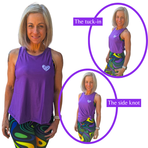 Woman wearing a purple tank top and colorful leggings with instructional text on styling.